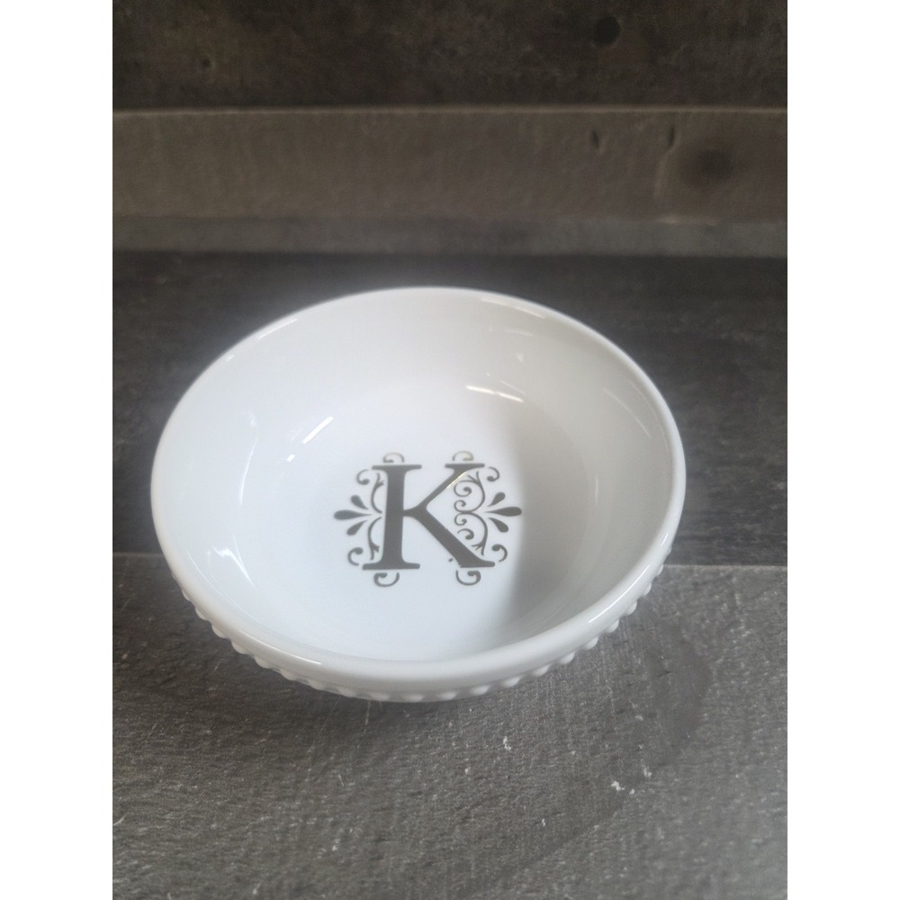 Threshold White Trinket Dish With Letter 'K' in the Middle. 4" D